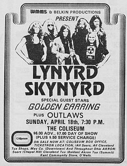 Lynyrd Skynyrd with Golden Earring show ad April 18, 1976 Cleveland - Richfield Coliseum unknown origin